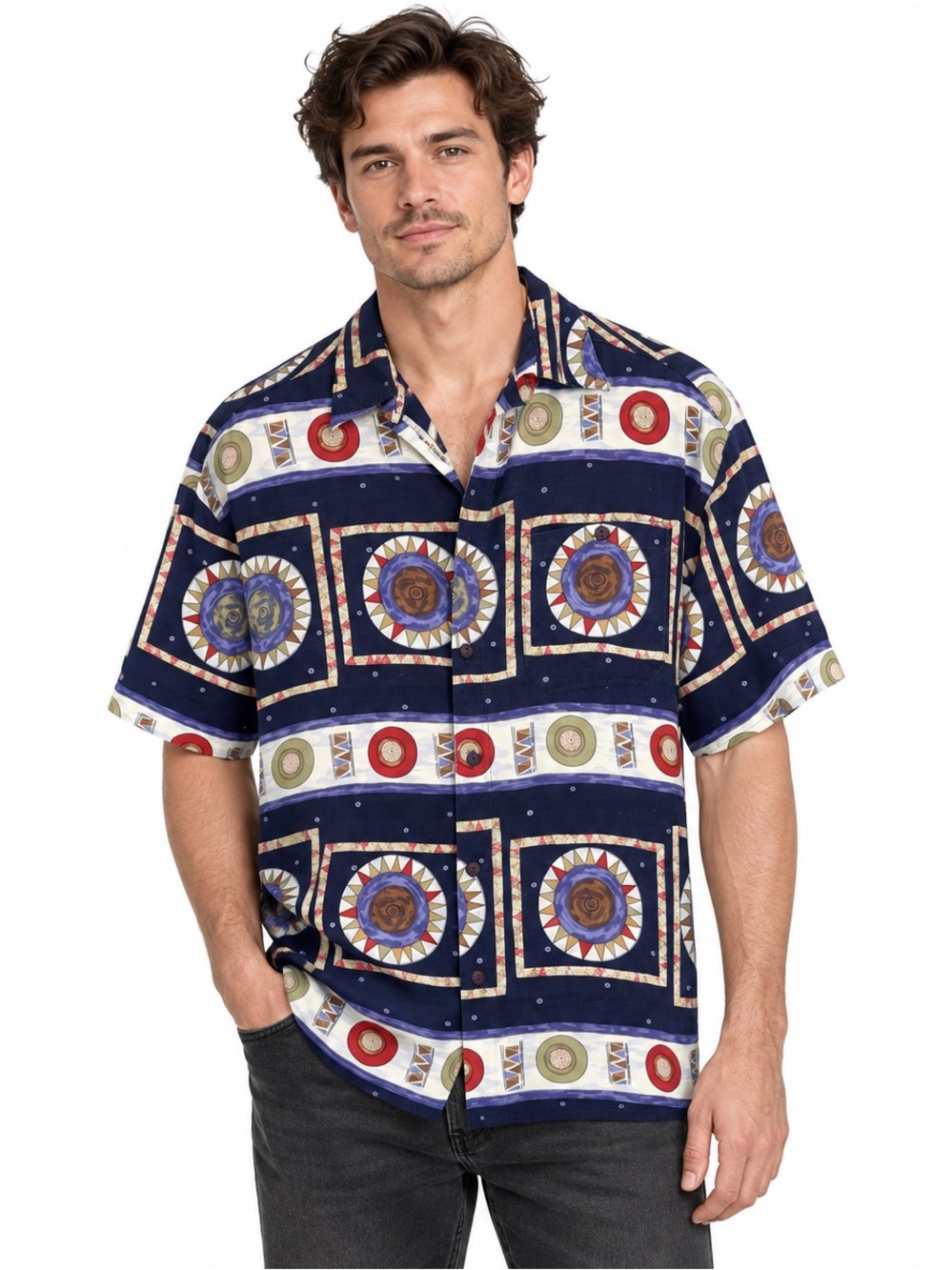 Vintage 90s Le Château Abstract Geometric button down Camp Shirt Rayon Medium